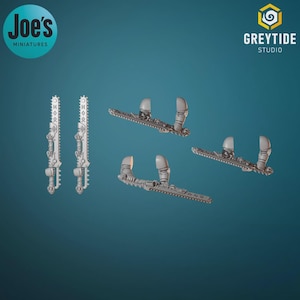 May include: Miniature gray chainswords and saw-like weapons. The image includes two chainswords and three saw-like weapons. The logo for Joe's Miniatures is in the upper left corner, and the Greytide Studio logo is in the upper right corner.