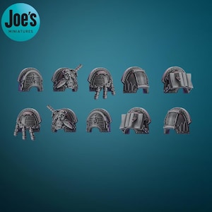 May include: A collection of ten miniature shoulder pads, each with intricate details and a metallic finish. The designs include skulls, gears, and open books, suggesting a fantasy or sci-fi theme. The Joe's Miniatures logo is in the upper left corner.