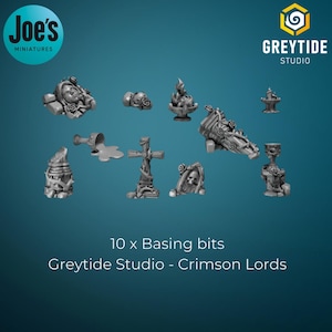 Puede incluir: Un conjunto de diez piezas de base en miniatura grises de Greytide Studio, Crimson Lords. El conjunto incluye varias piezas detalladas como una calavera, una cruz, un cáliz y otros elementos decorativos. Los logotipos de Joe's Miniatures y Greytide Studio son visibles.