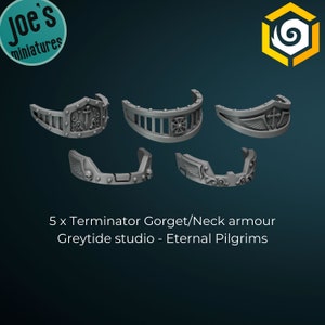 May include: Five 3D printed Terminator Gorget/Neck armor pieces for miniature wargaming. The pieces feature different designs, including skulls, wings, and crosses. Greytide studio - Eternal Pilgrims.