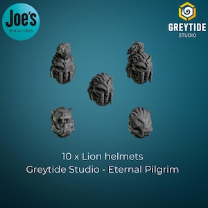 May include: Ten grey lion helmets with intricate detailing, presented against a teal background. The helmets are from the Eternal Pilgrim range by Greytide Studio. The image also features the Joe's Miniatures logo.