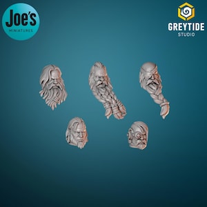 May include: A collection of miniature fantasy character heads, including bearded faces and a cyborg head. The heads are in various styles, with detailed beards and expressions. The logo for "Joe's Miniatures" is in the upper left corner.