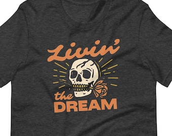 Maglietta grafica con teschio Livin' the Dream, stile grunge vintage