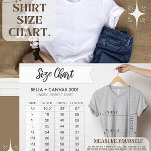 May include: A size chart for Bella + Canvas 3001 unisex jersey t-shirts. The chart shows sizes XS to 5XL with corresponding width, chest, and length measurements in inches.