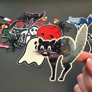 Halloween Black Cat/Fraidy Cat Sticker and Magnet Black with Holographic Finish