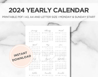 2024 Calendar, 2024 Yearly Calendar, Printable 2024 Calendar, 2024 Year at a Glance, Minimalist Calendar, A3 A4 Letter Monday & Sunday Start