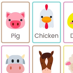 May include: A set of colorful flashcards featuring cartoon animal faces with the names "Pig", "Chicken", "Duck", "Cow", "Horse", and "Sheep" written below each animal.