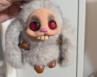 Creepy Cute Bunny Keychain Plush – Handmade Oddity Toy, Weird Rabbit Doll, Pocket Handmade Horror Rabbit Doll | Spiral Eyes Monster Keyring