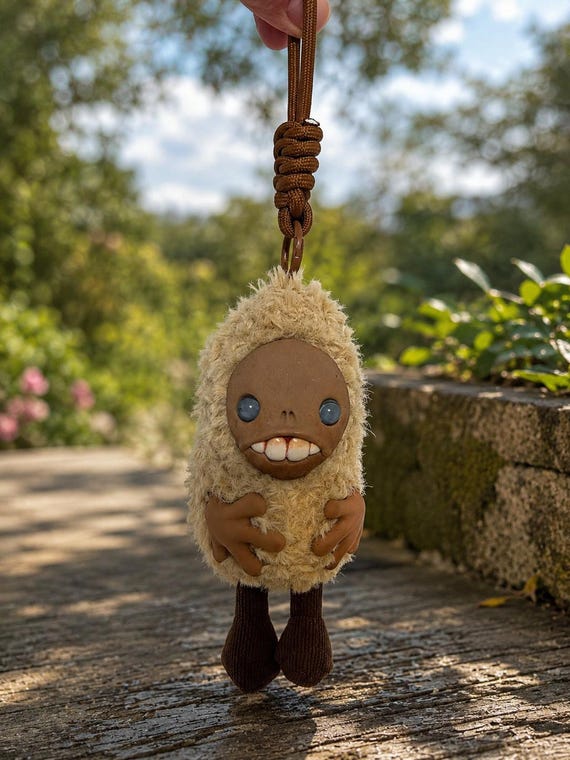 Handmade creepy-cute plush creature with a sculpted clay face — the kind of weird little companion that lives on your bag and makes strangers ask questions.