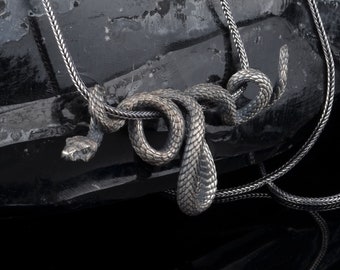 Silver Snake Necklace, Serpent Neckace, Gothic Jewelry, Men Silver Jewelry, Oxidized Serpent Pendant, Silver Mens Necklace