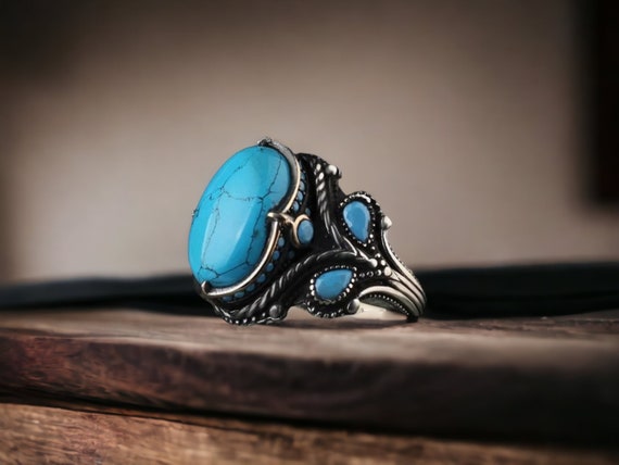 Silver Hidden Valley Turquoise Ring / Creative Heavy Asymmetrical Statement  Ring / Sterling Silver / Men / Women / Gift