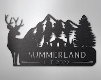 Personalized Mountain Cabin Metal Sign: Rustic Deer Family Name Art