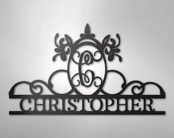 Personalized Family Name Sign – Custom Monogram Metal Wall Art with Scroll Design