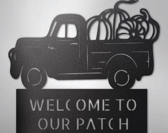 Personalized Pumpkin Truck Metal Sign: Farmhouse Fall Porch Decor