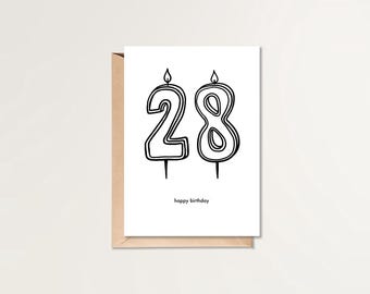 28歳の誕生日おめでとうカード | 印刷可能な誕生日カード | HBDカード | シンプルな誕生日カード | 白黒の誕生日カード | ミニマルな誕生日カード