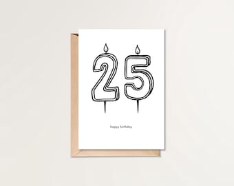 25歳の誕生日おめでとうカード | 印刷可能な誕生日カード | HBDカード | シンプルな誕生日カード | 白黒の誕生日カード | ミニマルな誕生日カード