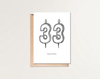 33歳の誕生日おめでとうカード | 印刷可能な誕生日カード | HBDカード | シンプルな誕生日カード | 白黒の誕生日カード | ミニマルな誕生日カード