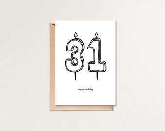 31歳の誕生日おめでとうカード | 印刷可能な誕生日カード | HBDカード | シンプルな誕生日カード | 白黒の誕生日カード | ミニマルな誕生日