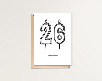 26歳の誕生日おめでとうカード | 印刷可能な誕生日カード | HBDカード | シンプルな誕生日カード | 白黒の誕生日カード | ミニマルな誕生日