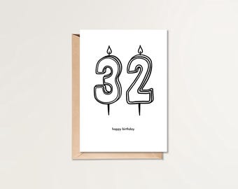 32歳の誕生日おめでとうカード | 印刷可能な誕生日カード | HBDカード | シンプルな誕生日カード | 白黒の誕生日カード | ミニマルな誕生日カード
