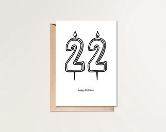22歳の誕生日おめでとうカード | 印刷可能な誕生日カード | HBDカード | シンプルな誕生日カード | 白黒の誕生日カード | ミニマルな誕生日カード