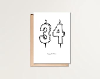 34歳の誕生日おめでとうカード | 印刷可能な誕生日カード | HBDカード | シンプルな誕生日カード | 白黒の誕生日カード | ミニマルな誕生日カード