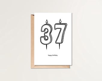 37歳の誕生日おめでとうカード | 印刷可能な誕生日カード | HBDカード | シンプルな誕生日カード | 白黒の誕生日カード | ミニマルな誕生日カード