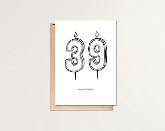 39歳の誕生日おめでとうカード | 印刷可能な誕生日カード | HBDカード | シンプルな誕生日カード | 白黒の誕生日カード | ミニマルな誕生日カード