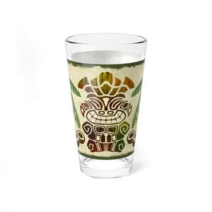 Tiki Cocktail Glass, Hawaiian Polynesian Beach Barware Gift, Happy Tiki Mug, Tiki Bar Decor, Drinking Glass, Vintage Style 16oz Pint Glasses