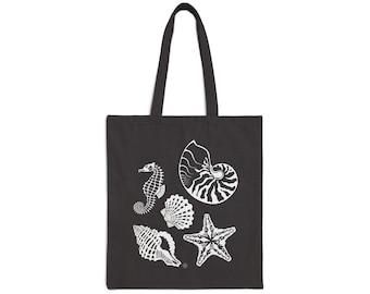 Seashell Beach Bag, Coastal Canvas Tote Bag For Beach lover & Beachcomber, Beachcombing Gifts With Nautilus Starfish Seahorse Print