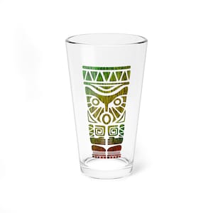 Tiki Cocktail Glass, Hawaiian Polynesian Beach Barware Gift, Happy Tiki Mug, Tiki Bar Decor, Drinking Glass, Vintage Style 16oz Pint Glasses