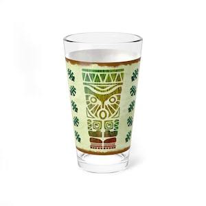 Tiki Cocktail Glass, Hawaiian Polynesian Beach Barware Gift, Happy Tiki Mug, Tiki Bar Decor, Drinking Glass, Vintage Style 16oz Pint Glasses