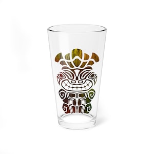Tiki Cocktail Glass, Hawaiian Polynesian Beach Barware Gift, Happy Tiki Mug, Tiki Bar Decor, Drinking Glass, Vintage Style 16oz Pint Glasses