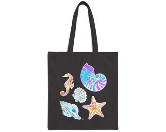 Seashell Beach Bag, Coastal Canvas Tote Bag For Beach lover & Beachcomber, Beachcombing Gifts With Nautilus Starfish Seahorse Print