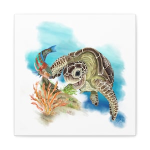 Sea Turtle Wall Art, Coastal Decor, Beach House Gifts, Ocean Life Marine Animal Print, Watercolor Style Painting Printed On Canvas