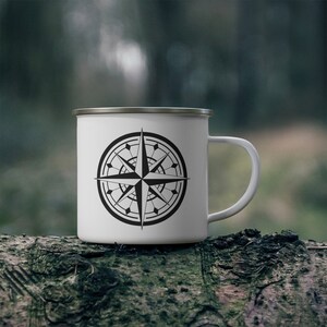 Nautical Compass Rose Enamel Camping Mug, For Outdoor Fishing Travel, Gift For Boat Captain Lighthouse Decor, 12oz Enamel Mug
