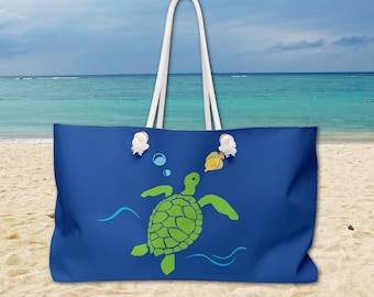 Beach Bag Holiday Gift For Vacation, Perfect for Beach Lover, Weekender Tote With Rope Handles, Ocean Creatures Marine Life Sea Turtle Print
