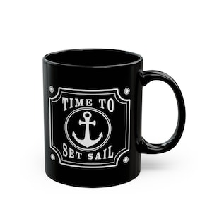 Nautical Anchor Mug, Vintage Style Maritime Gift For Captain & Sailor, Boat Ship Sailing Boating Gifts, 11oz Black Ceramic Tea Coffee Cup