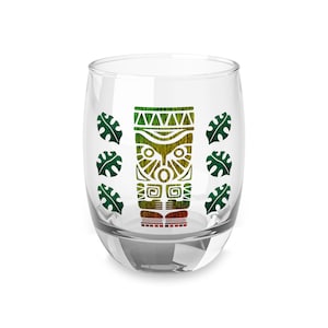 Tiki Cocktail Glass, Hawaiian Polynesian Beach Barware Gift, Happy Tiki Mug, Tiki Bar Decor, Drinking Glass, Vintage Style 6oz Whiskey Glass
