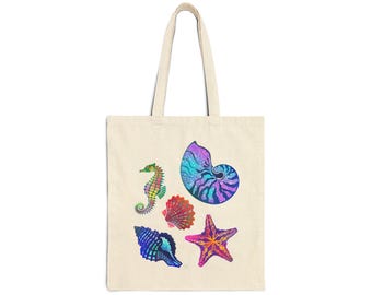 Seashell Beach Bag, Coastal Canvas Tote Bag For Beach lover & Beachcomber, Beachcombing Gifts With Nautilus Starfish Seahorse Print