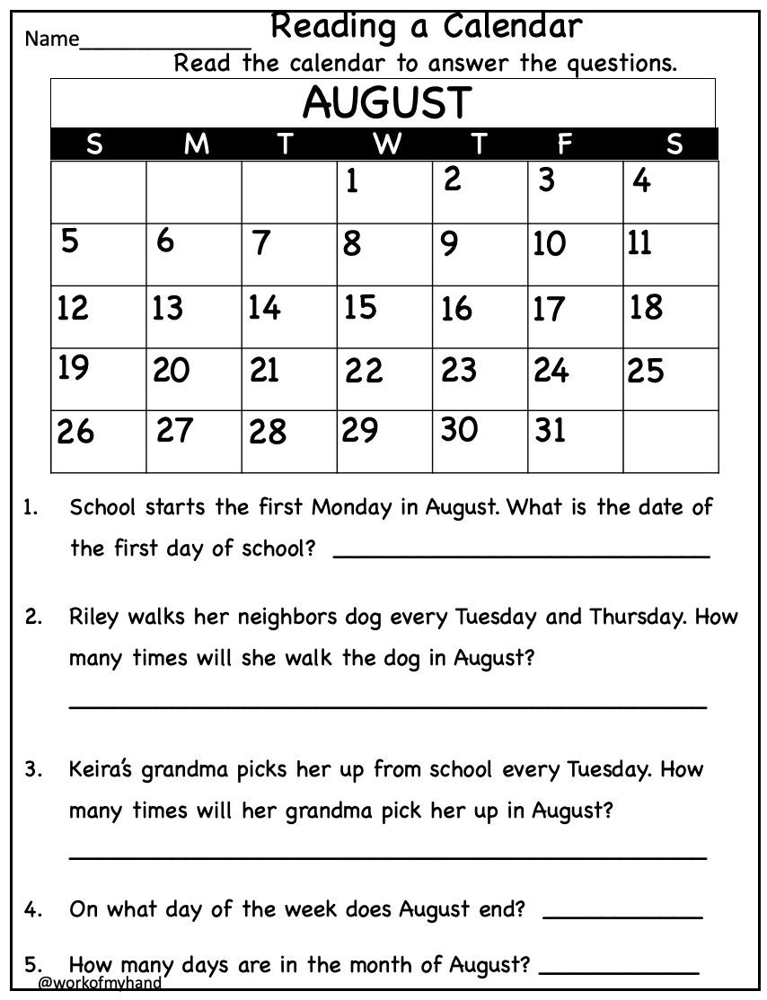 Reading Calendar Worksheets For Grade 5
