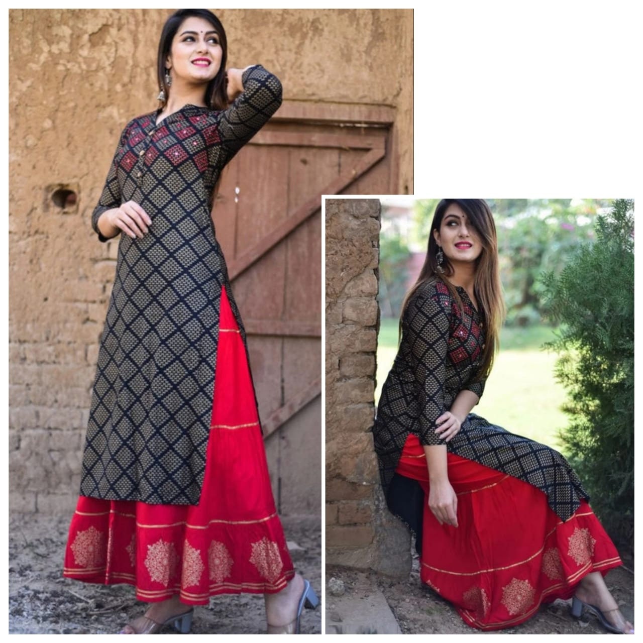 Charvi Fashion Stylish Black Gold Printed Kurti With Fancy Skirt | Bhadar