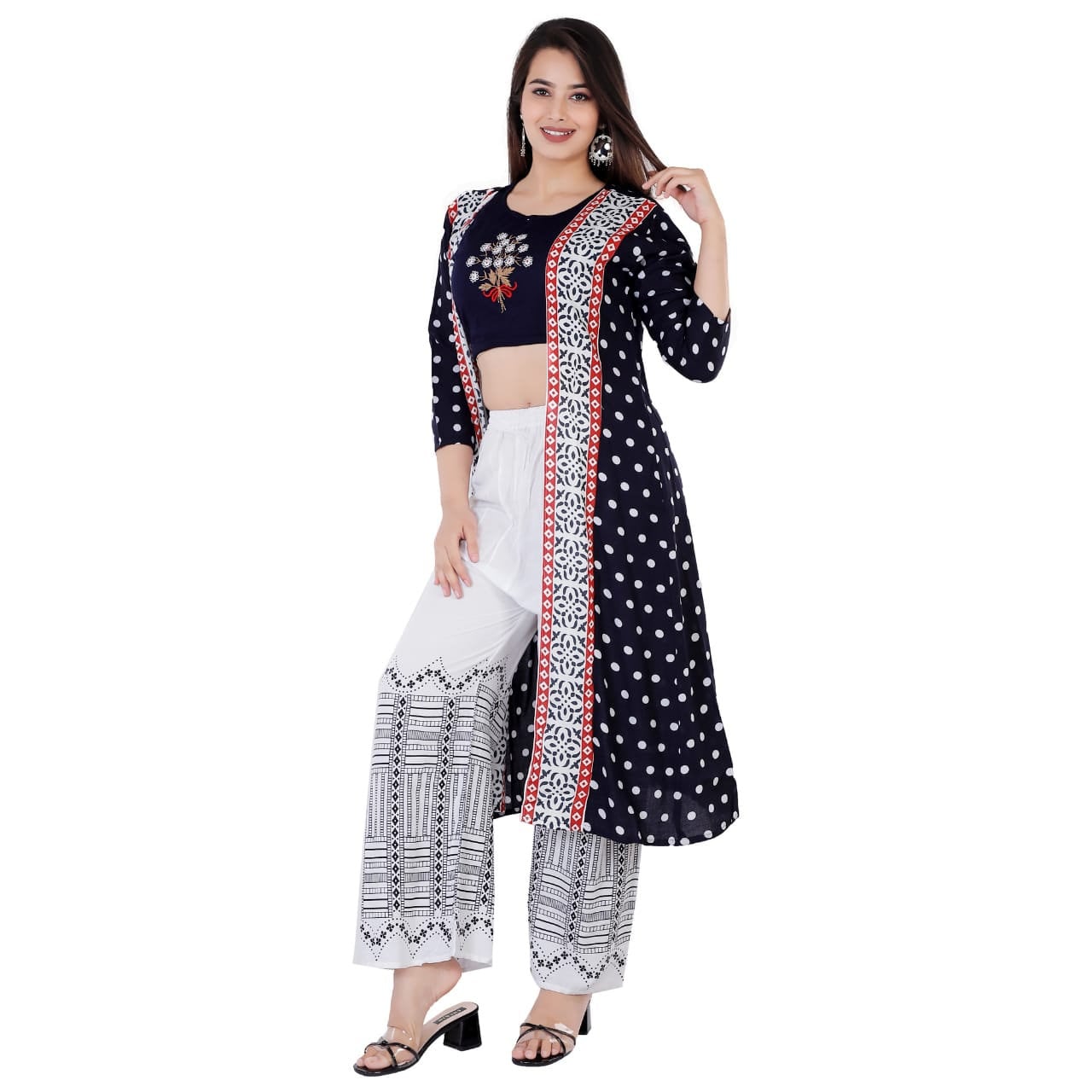 Embroidered Ethnic Sleeveless Crop Top Style Kurta Kurti With Printed  Palazzo Pants And Printed Jacket Shrug at Rs 1151.00, Palazzo Suit