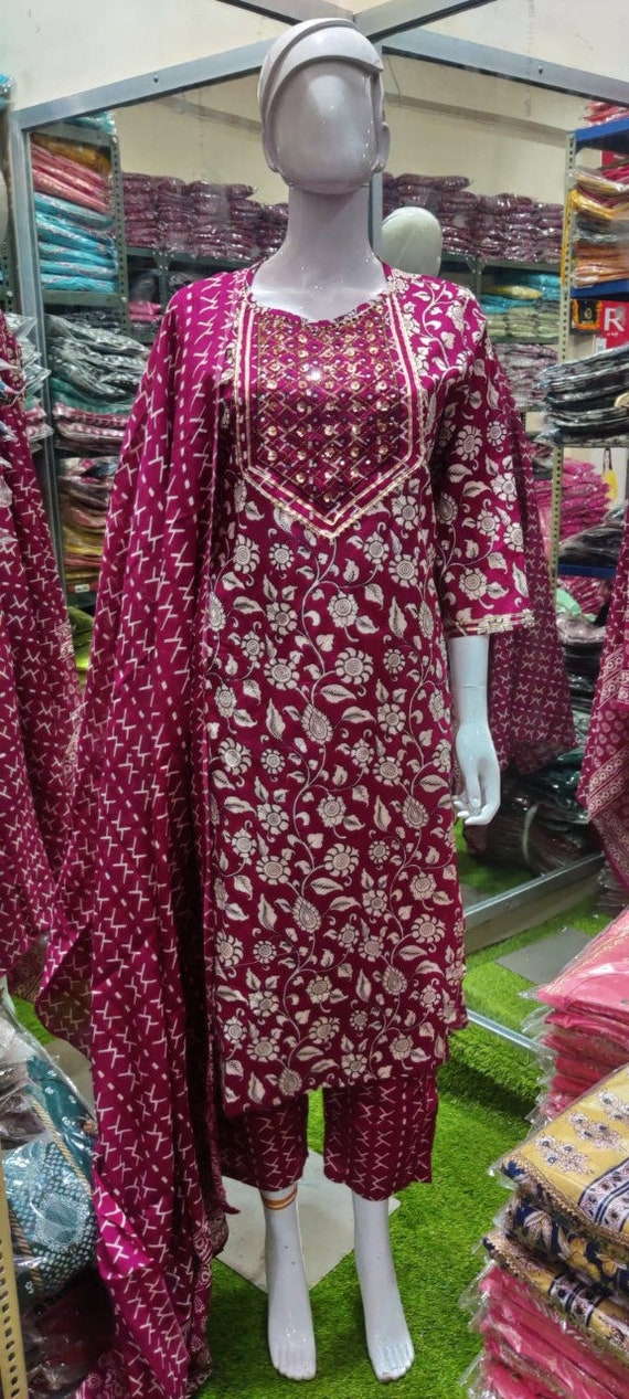 Regular& Plus Festive Long Flared Kurti Pant With Dupatta Set Mirror  Embroidered, Indian Designer Salwar Kameez, Wedding Party/ethnic Wear, -   UK