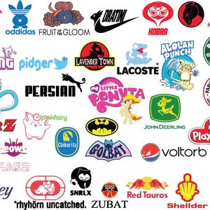 Puede incluir: Un collage colorido de logotipos y nombres de marca, incluyendo Taco Keepinbell, oddidas, Fruit of the Gloom, Dratini, Cobra, Hello Mew, Pokemon, Haung, Pidger, Lavender Town, Lacoste, Persian, My Little Pony, Alolan Punch, Koffing, Pancham Express, Dragon Air Z, Pink Fairy, Chikorita, Golbat, John Deerling, Play-Ditto, Voltorb, Sears, Snrlx, Zubat, Red Tauros, Shellder y Rapidash.