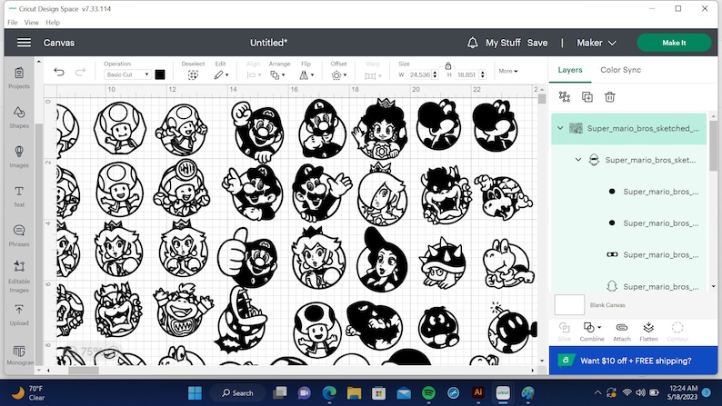 Może przedstawiać: Ekran komputera wyświetlający projekt Cricut Design Space z wieloma czarno-białymi obrazami postaci z serii gier wideo Super Mario Bros. Obrazy są ułożone w siatkę na białym tle. Obrazy są oznaczone tekstem "Super mario_bros_sketched..." i "Super mario bros sket..." w panelu warstw po prawej stronie ekranu.