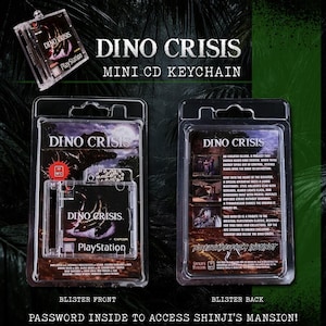 May include: A Dino Crisis mini CD keychain in a clear plastic blister pack. The front of the pack features the game's logo and PlayStation branding. The back of the pack has game details. The text "Dino Crisis" is visible.