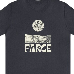 May include: A dark blue t-shirt with a white graphic of a mountain range and a sun with a swirl pattern. The word "FARCE" is printed in white below the graphic.