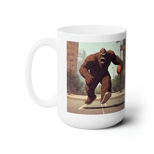 Big Foot Basketball - Ceramic Mug 15oz - Fun, Funny, Cartoon, Image, Hoops, Ballin, Coach, Player, Sasquatch, Yeti, Street Ball, Coffee, Tea