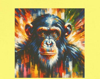 May include: A colorful abstract painting of a chimpanzee's face. The background is a mix of bright colors, including orange, yellow, blue, and green.